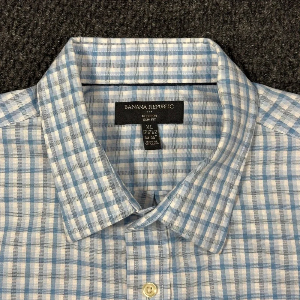 Banana Republic Dress Shirt Mens XL Slim Fit Blue White Gingham Check Non Iron